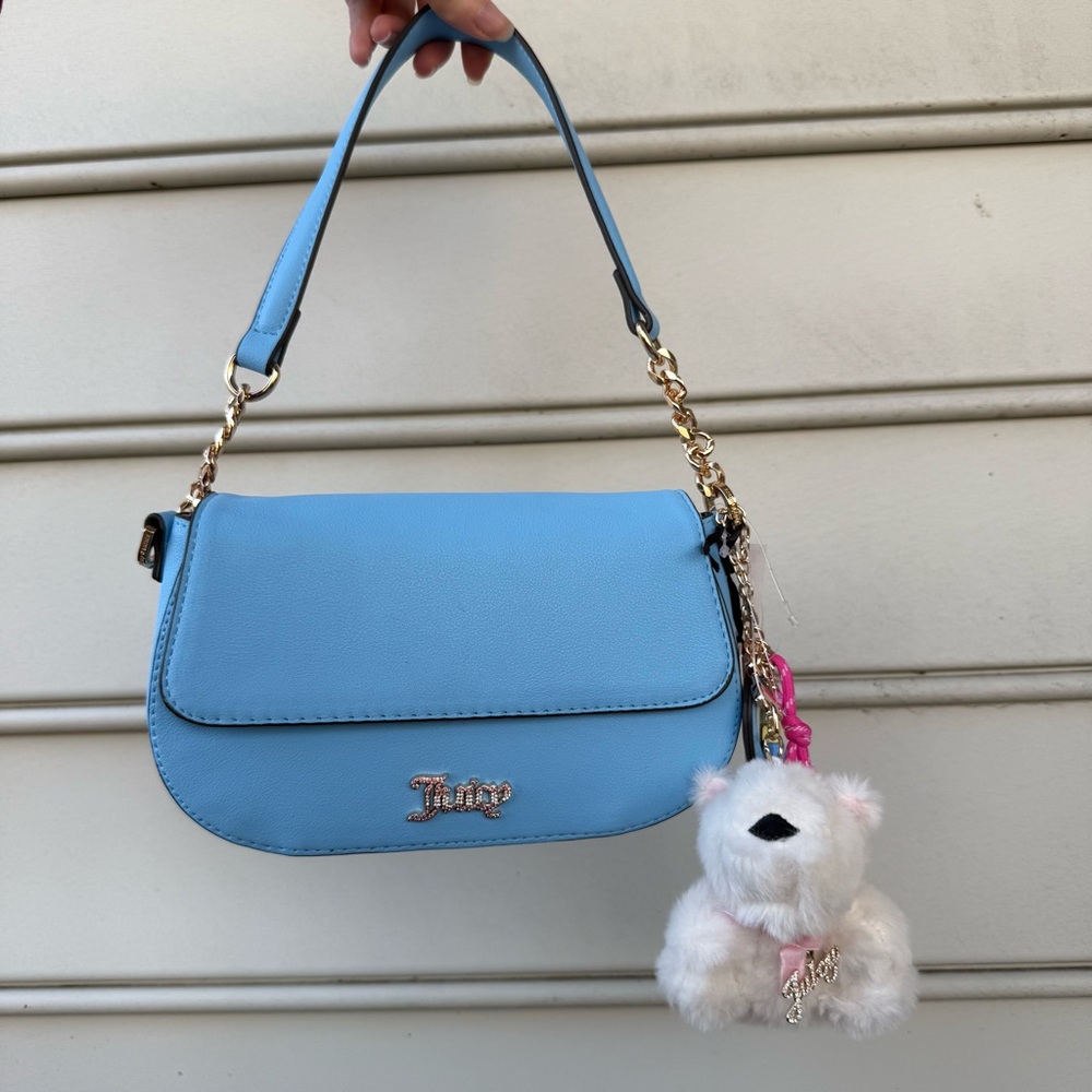 Juicy Couture Light Blue Shoulder Bag with Bear Accent charm handbag Y2K